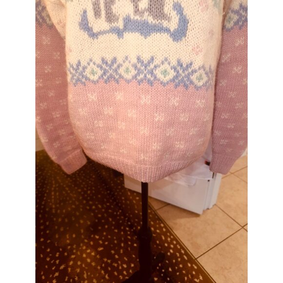 Vintage 90s Y2k Eddie Bauer Heavy Chunky Knit Wool Sweater Pastel Bear M Cottage - Picture 6 of 9